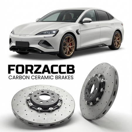 ForzaCCB direct OEM replacement carbon ceramic brake rotors for 2025 and newer BYD Seal 05 models, shown with a white BYD Seal 05 car.