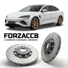 ForzaCCB direct OEM replacement carbon ceramic brake rotors for 2024 and newer BYD Seal 06 models, shown with a white BYD Seal 06 car.