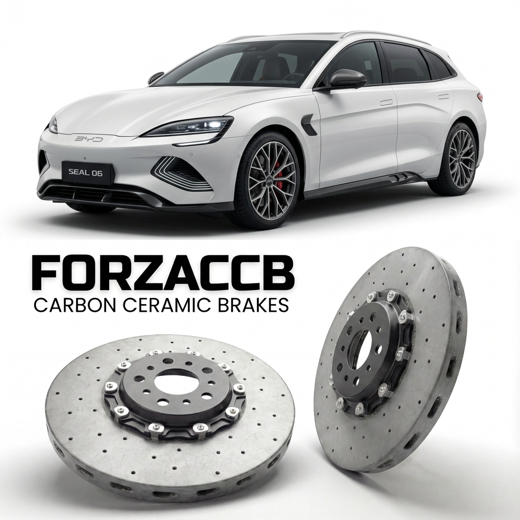 ForzaCCB direct OEM replacement carbon ceramic brake rotors for 2025 and newer BYD Seal 06 Station Wagon models, shown with a white BYD Seal 06 car.