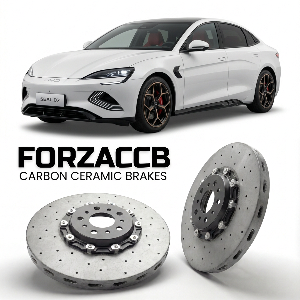 ForzaCCB direct OEM replacement carbon ceramic brake rotors for 2024 to 2025 BYD Seal 07 models, shown with a white BYD Seal 07 car.