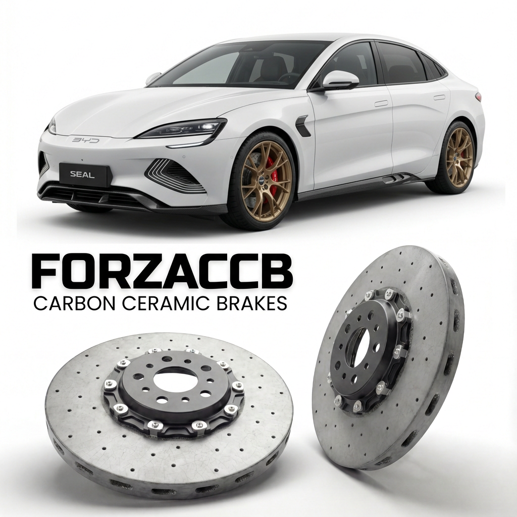 ForzaCCB direct OEM replacement carbon ceramic brake rotors for 2022 and newer BYD Seal models, shown with a white BYD Seal car.