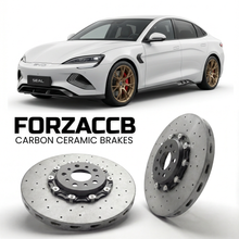 ForzaCCB direct OEM replacement carbon ceramic brake rotors for 2022 and newer BYD Seal models, shown with a white BYD Seal car.