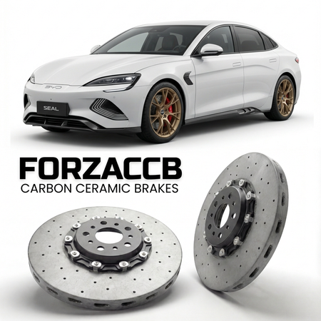 ForzaCCB direct OEM replacement carbon ceramic brake rotors for 2022 and newer BYD Seal models, shown with a white BYD Seal car.