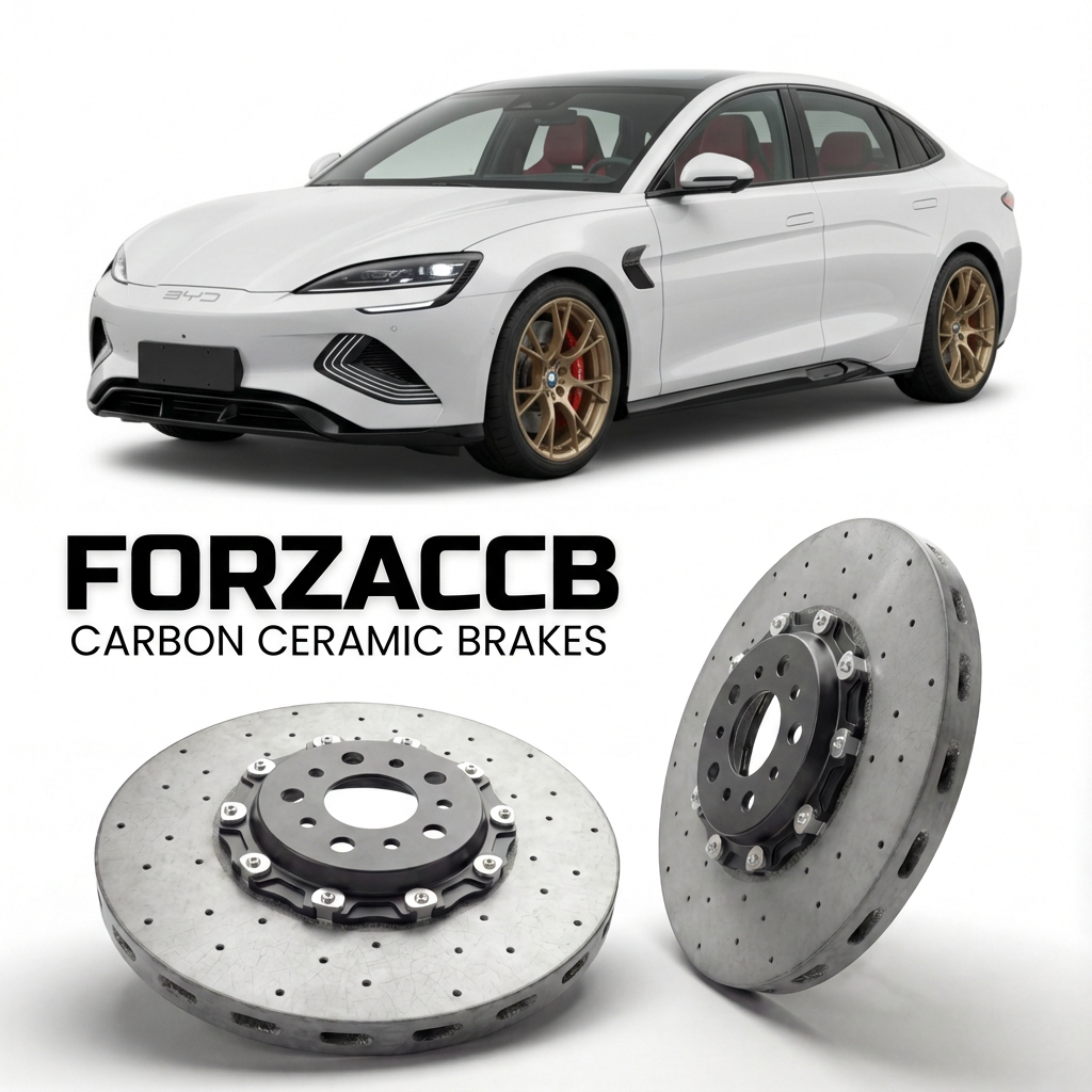 ForzaCCB direct OEM replacement carbon ceramic brake rotors for 2025 and newer BYD Seal 5 models, shown with a white BYD Seal 5 car.