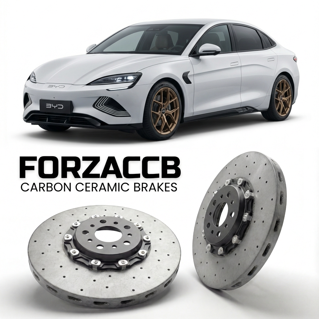 ForzaCCB direct OEM replacement carbon ceramic brake rotors for 2025 and newer BYD Seal 6 models, shown with a white BYD Seal 6 car.