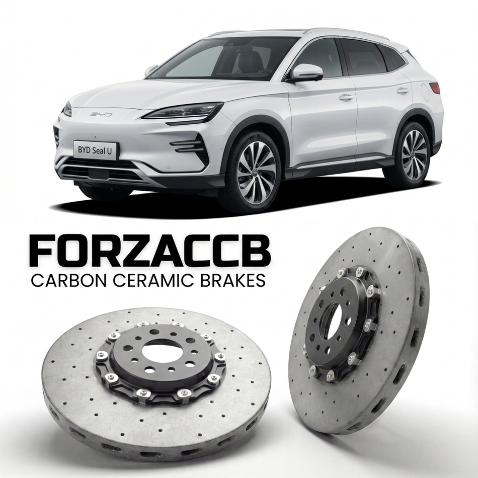 ForzaCCB direct OEM replacement carbon ceramic brake rotors for 2024 and newer BYD Seal U models, shown with a white BYD Seal U car.
