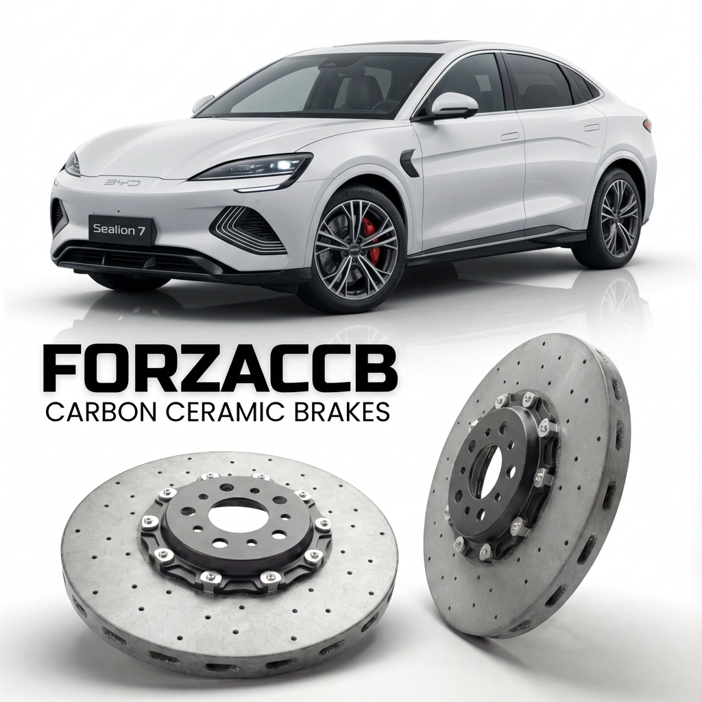 ForzaCCB direct OEM replacement carbon ceramic brake rotors for 2024 and newer BYD Sealion 7 models, shown with a white BYD Sealion 7 car.