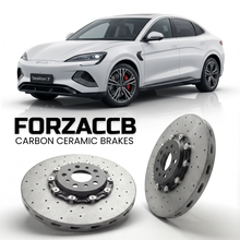 ForzaCCB direct OEM replacement carbon ceramic brake rotors for 2024 and newer BYD Sealion 7 models, shown with a white BYD Sealion 7 car.
