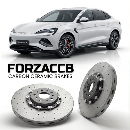ForzaCCB direct OEM replacement carbon ceramic brake rotors for 2024 and newer BYD Sealion 7 models, shown with a white BYD Sealion 7 car.