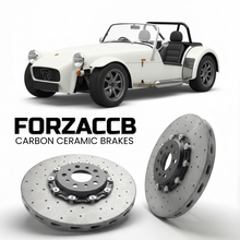 ForzaCCB direct OEM replacement carbon ceramic brake rotors for 2000 to 2015 Westfield SEiGHT models, shown with a white Westfield SEiGHT car.