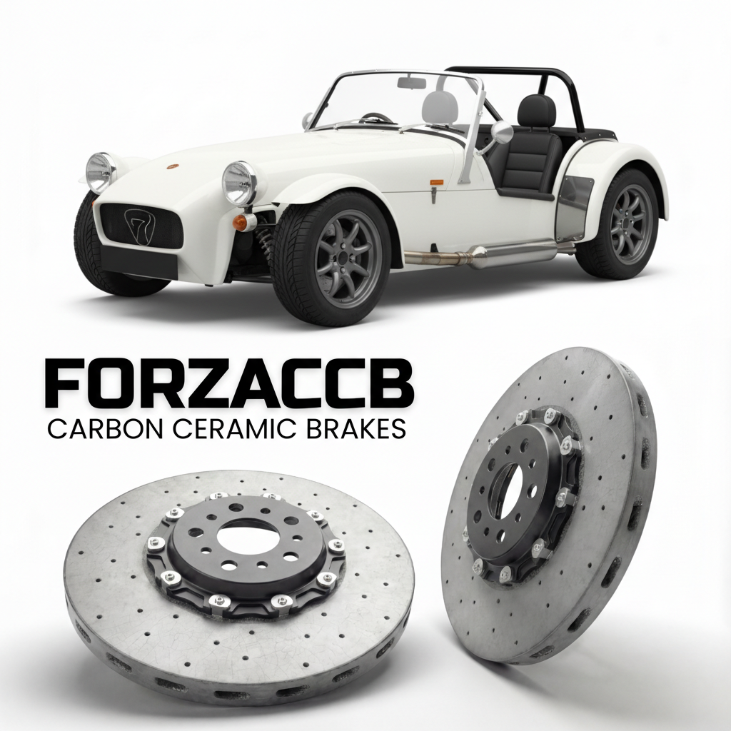 ForzaCCB direct OEM replacement carbon ceramic brake rotors for 2000 to 2015 Westfield SEiGHT models, shown with a white Westfield SEiGHT car.
