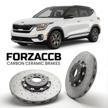 ForzaCCB direct OEM replacement carbon ceramic brake rotors for 2019 to 2023 Kia Seltos models, shown with a white Kia Seltos car.