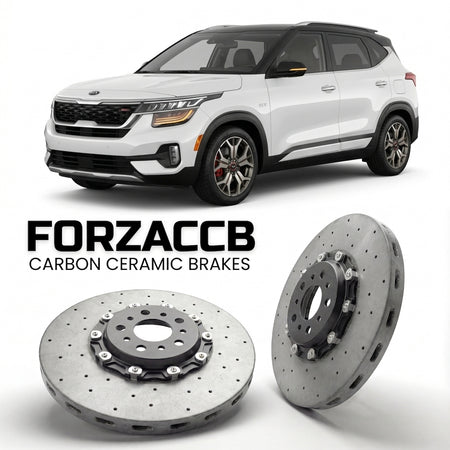ForzaCCB direct OEM replacement carbon ceramic brake rotors for 2019 to 2023 Kia Seltos models, shown with a white Kia Seltos car.