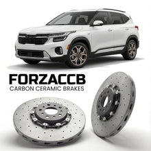 ForzaCCB direct OEM replacement carbon ceramic brake rotors for 2023+) Kia Seltos I (facelift 2023 models, shown with a white Kia Seltos car.