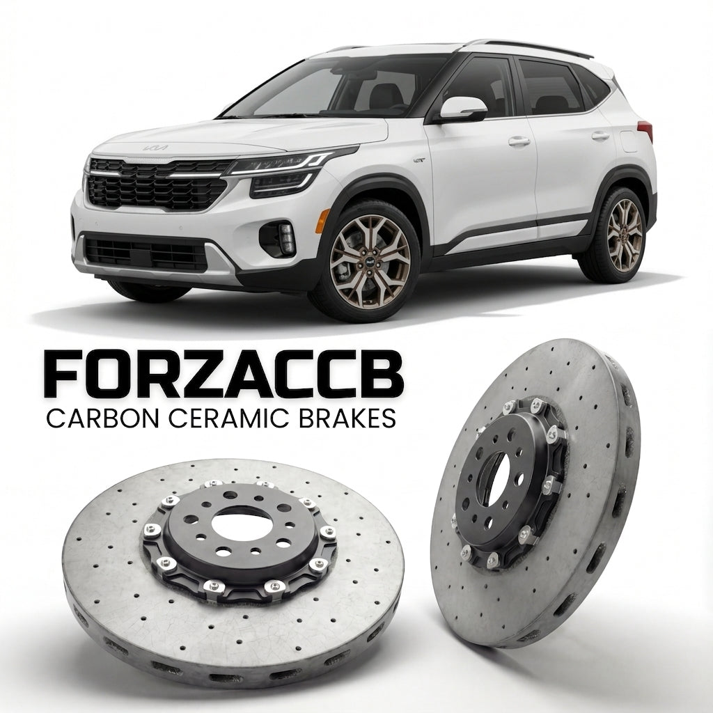 ForzaCCB direct OEM replacement carbon ceramic brake rotors for 2023+) Kia Seltos I (facelift 2023 models, shown with a white Kia Seltos car.