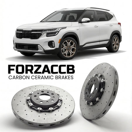 ForzaCCB direct OEM replacement carbon ceramic brake rotors for 2023+) Kia Seltos I (facelift 2023 models, shown with a white Kia Seltos car.