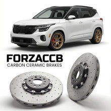 ForzaCCB direct OEM replacement carbon ceramic brake rotors for 2025 and newer Kia Seltos II models, shown with a white Kia Seltos car.