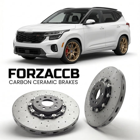 ForzaCCB direct OEM replacement carbon ceramic brake rotors for 2025 and newer Kia Seltos II models, shown with a white Kia Seltos car.