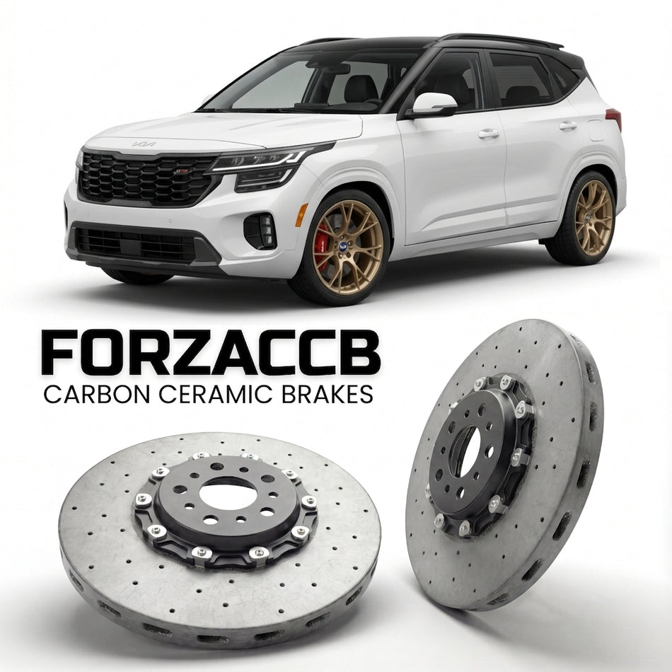 ForzaCCB direct OEM replacement carbon ceramic brake rotors for 2025 and newer Kia Seltos II models, shown with a white Kia Seltos car.