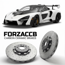 ForzaCCB direct OEM replacement carbon ceramic brake rotors for 2018 to 2020 McLaren Senna P15 models, shown with a white McLaren Senna car.