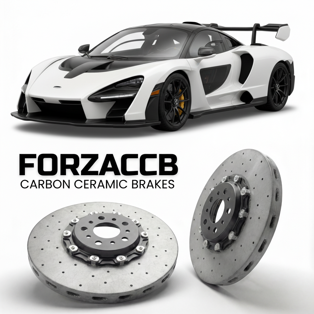ForzaCCB direct OEM replacement carbon ceramic brake rotors for 2018 to 2020 McLaren Senna P15 models, shown with a white McLaren Senna car.