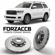 ForzaCCB direct OEM replacement carbon ceramic brake rotors for 2023 and newer Toyota Sequoia XK70 models, shown with a white Toyota Sequoia car.