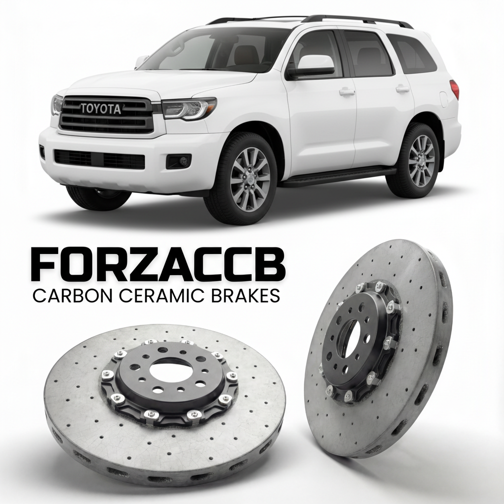 ForzaCCB direct OEM replacement carbon ceramic brake rotors for 2023 and newer Toyota Sequoia XK70 models, shown with a white Toyota Sequoia car.