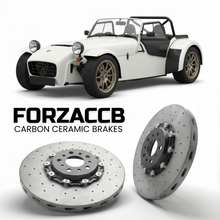 ForzaCCB direct OEM replacement carbon ceramic brake rotors for 2000 to 2026 Caterham Seven models, shown with a white Caterham Seven car.