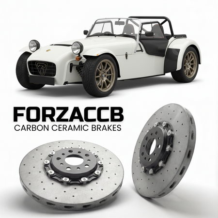 ForzaCCB direct OEM replacement carbon ceramic brake rotors for 2000 to 2026 Caterham Seven models, shown with a white Caterham Seven car.