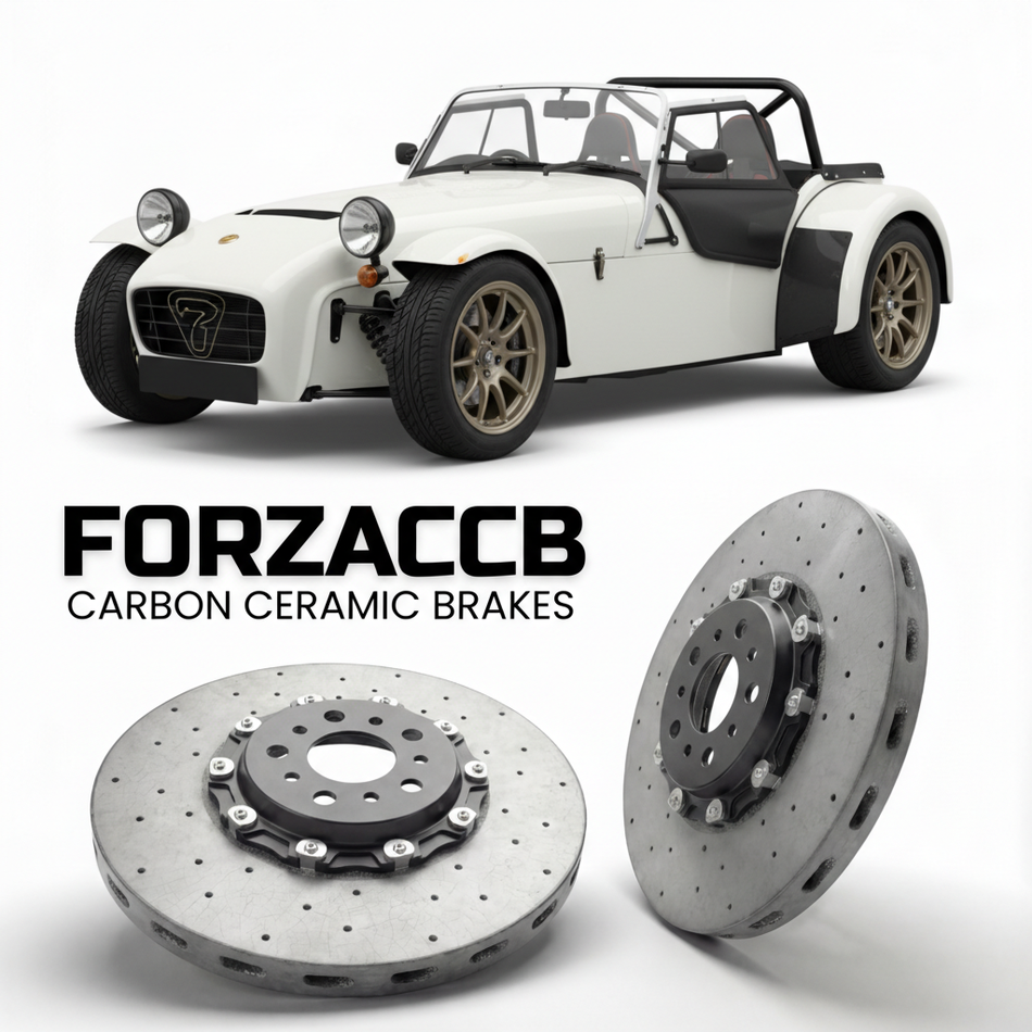 ForzaCCB direct OEM replacement carbon ceramic brake rotors for 2000 to 2026 Caterham Seven models, shown with a white Caterham Seven car.