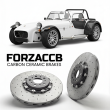 ForzaCCB direct OEM replacement carbon ceramic brake rotors for 2005 to 2026 Caterham Seven CSR models, shown with a white Caterham Seven CSR car.