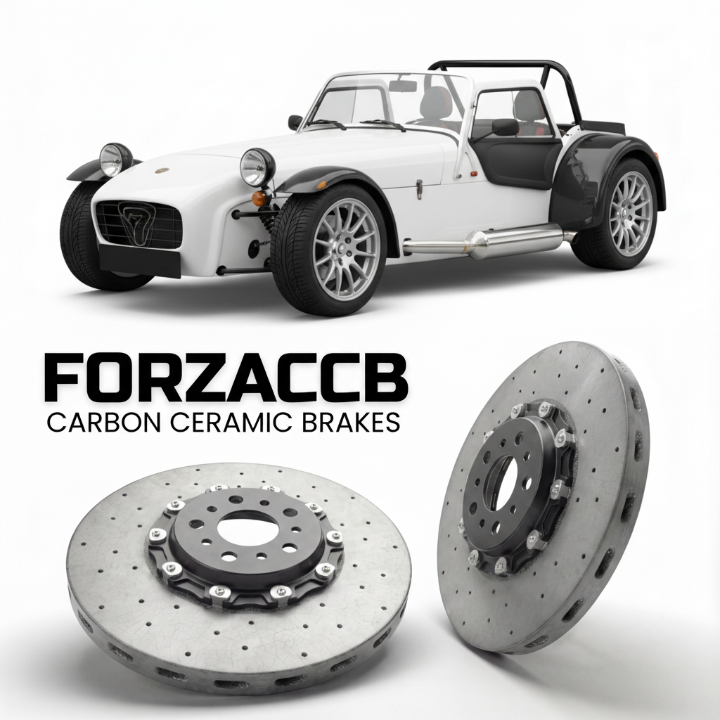 ForzaCCB direct OEM replacement carbon ceramic brake rotors for 2005 to 2026 Caterham Seven CSR models, shown with a white Caterham Seven CSR car.