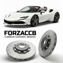 ForzaCCB direct OEM replacement carbon ceramic brake rotors for 2020 and newer Ferrari SF90 Spider models, shown with a white Ferrari SF90 Spider car.