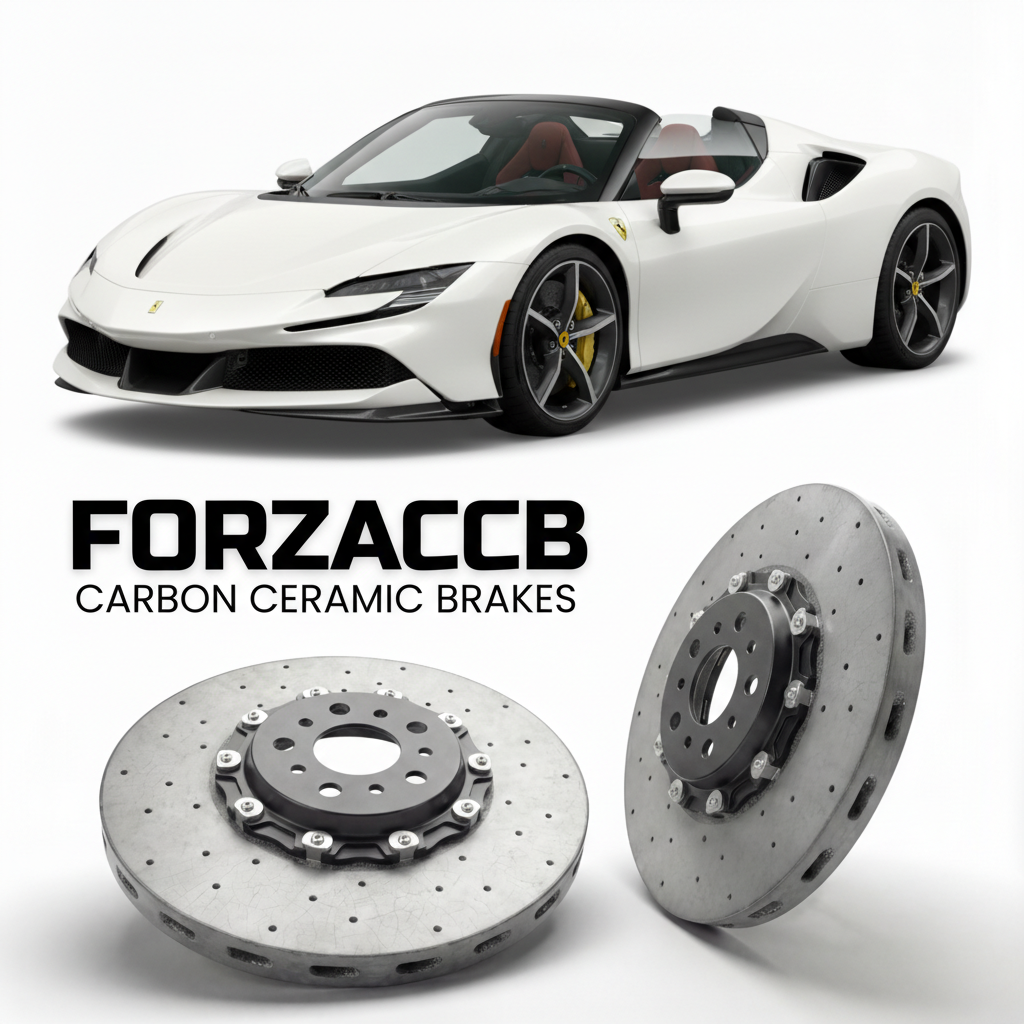 ForzaCCB direct OEM replacement carbon ceramic brake rotors for 2020 and newer Ferrari SF90 Spider models, shown with a white Ferrari SF90 Spider car.