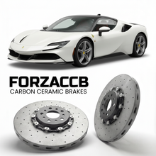 ForzaCCB direct OEM replacement carbon ceramic brake rotors for 2019 to 2024 Ferrari SF90 Stradale models, shown with a white Ferrari SF90 Stradale car.