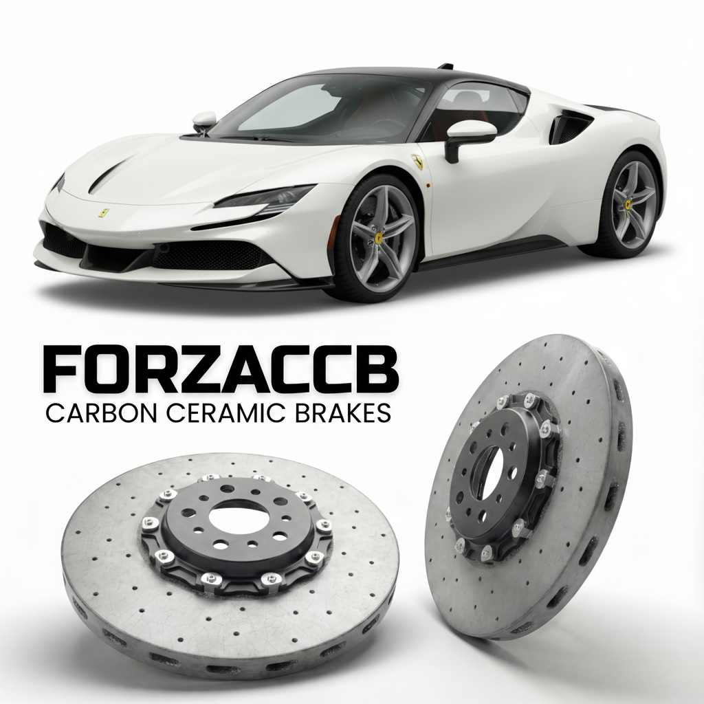ForzaCCB direct OEM replacement carbon ceramic brake rotors for 2019 to 2024 Ferrari SF90 Stradale models, shown with a white Ferrari SF90 Stradale car.