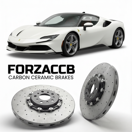 ForzaCCB direct OEM replacement carbon ceramic brake rotors for 2019 to 2024 Ferrari SF90 Stradale models, shown with a white Ferrari SF90 Stradale car.