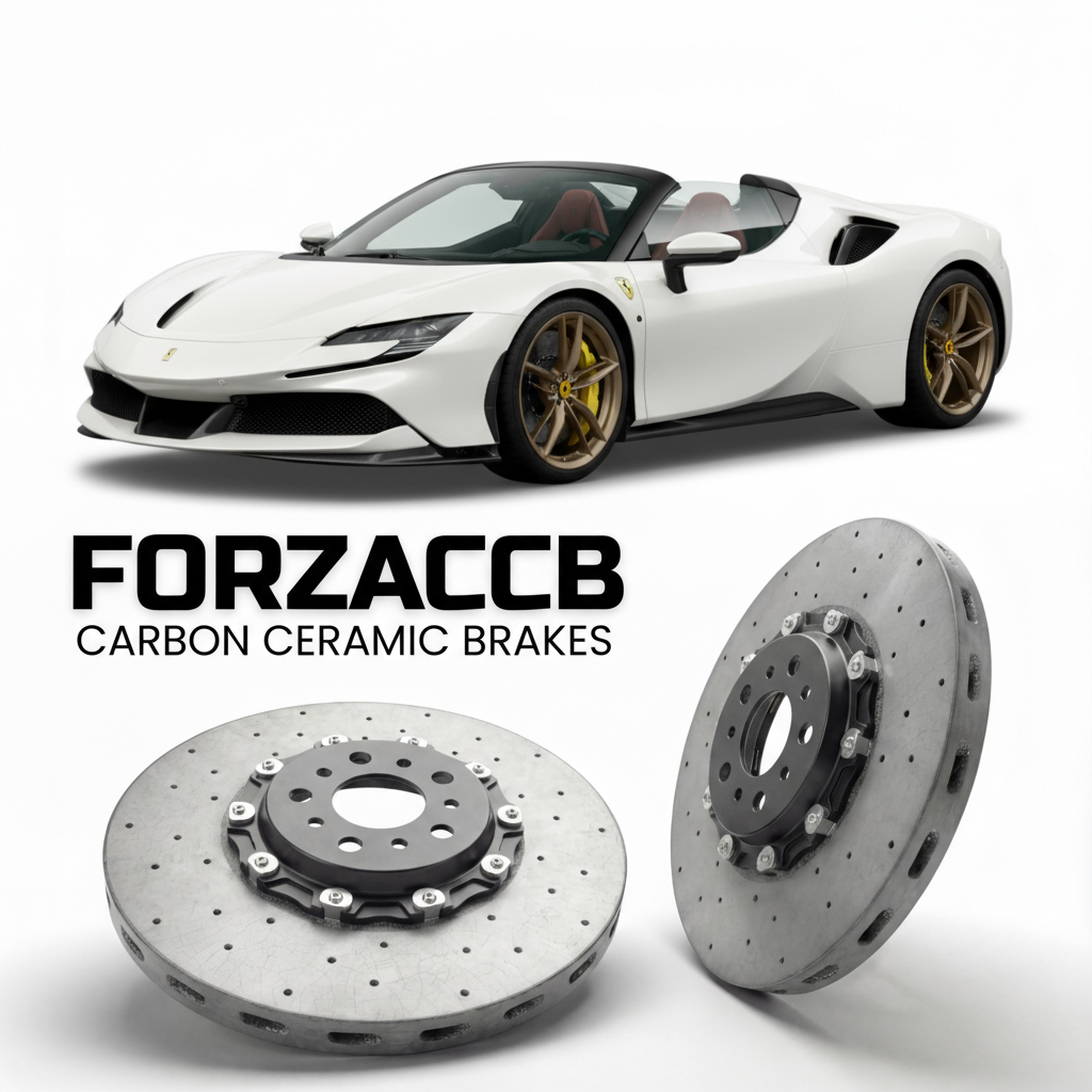 ForzaCCB direct OEM replacement carbon ceramic brake rotors for 2023 and newer Ferrari SF90 XX Spider models, shown with a white Ferrari SF90 XX Spider car.