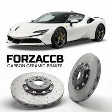 ForzaCCB direct OEM replacement carbon ceramic brake rotors for 2023 and newer Ferrari SF90 XX Stradale models, shown with a white Ferrari SF90 XX Stradale car.