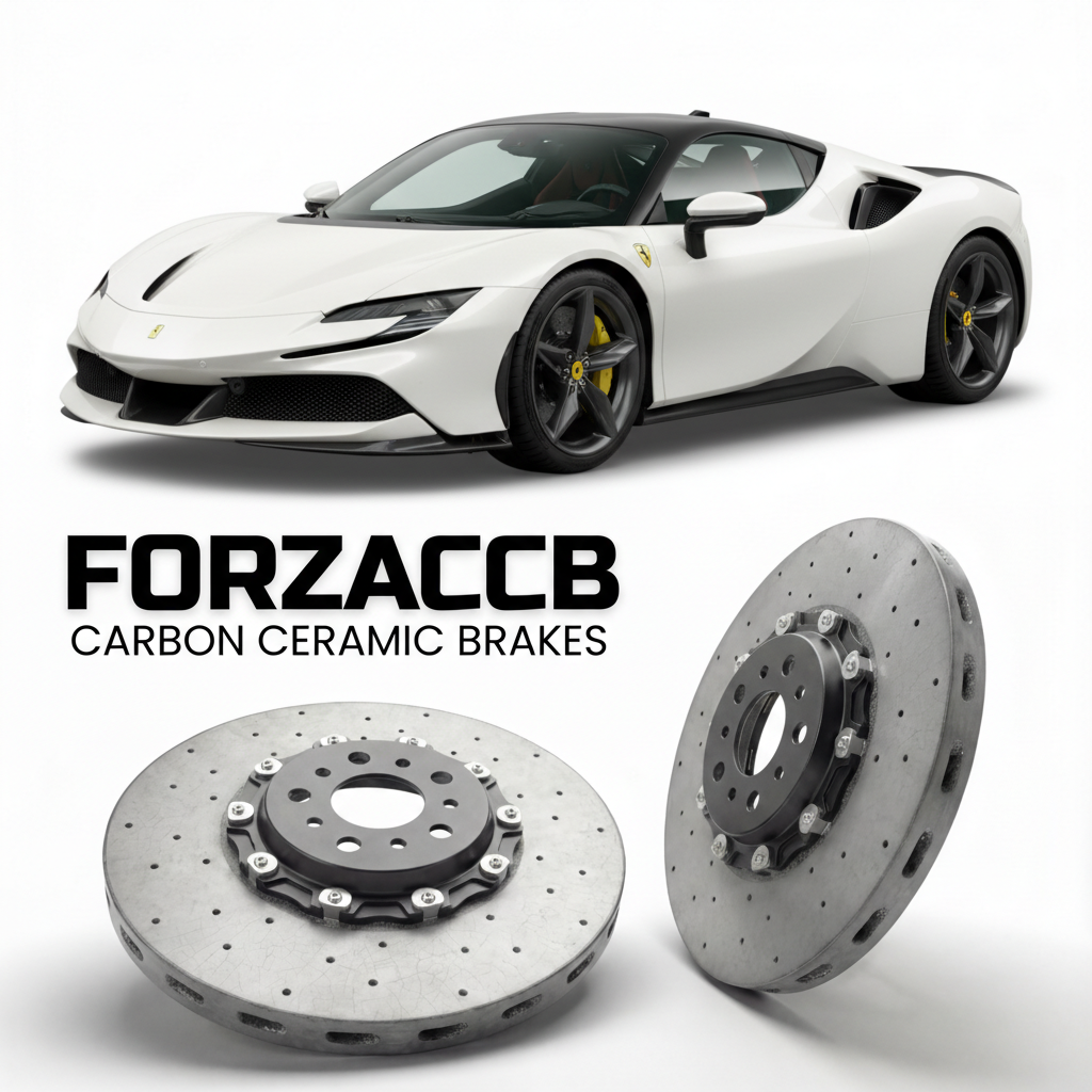 ForzaCCB direct OEM replacement carbon ceramic brake rotors for 2023 and newer Ferrari SF90 XX Stradale models, shown with a white Ferrari SF90 XX Stradale car.