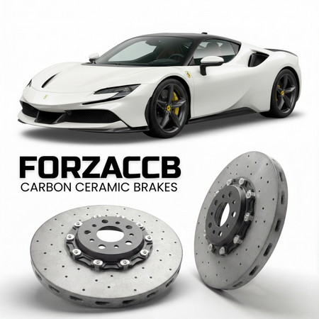 ForzaCCB direct OEM replacement carbon ceramic brake rotors for 2023 and newer Ferrari SF90 XX Stradale models, shown with a white Ferrari SF90 XX Stradale car.