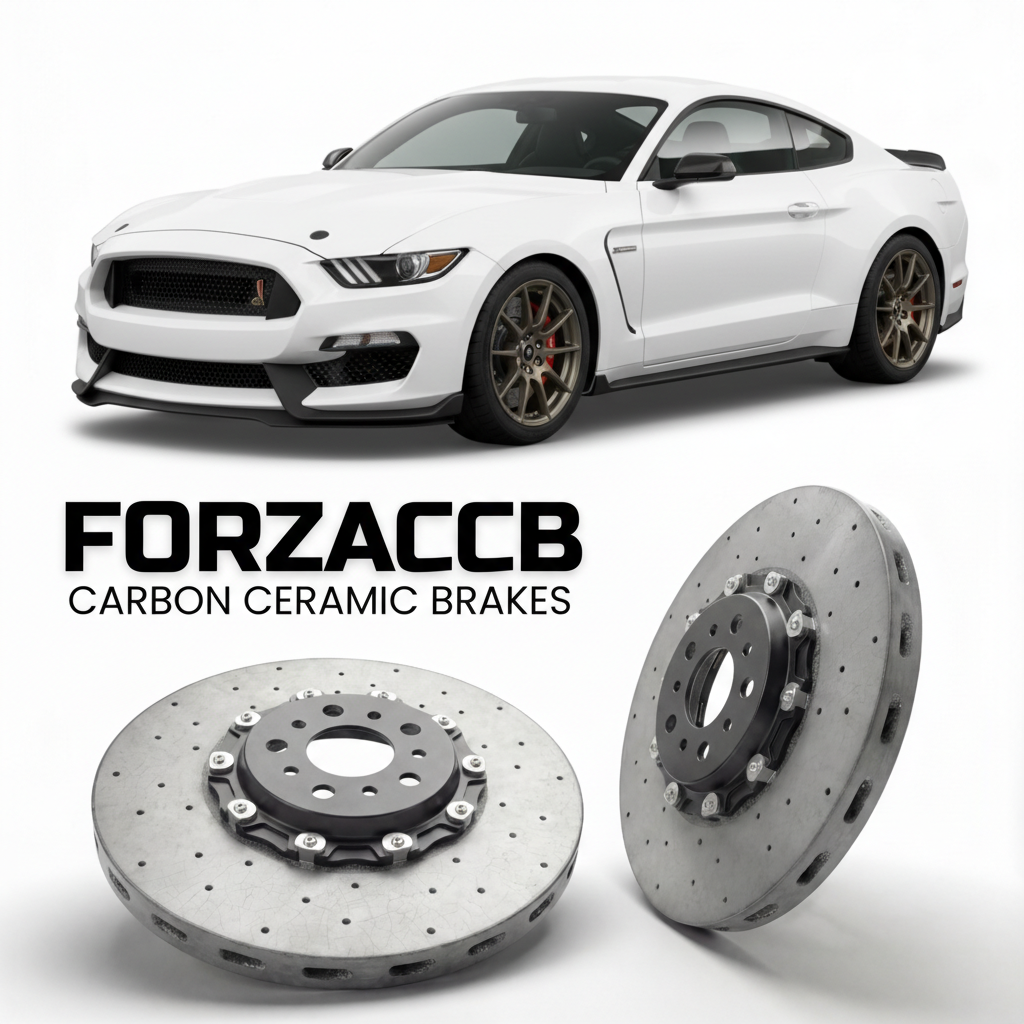 ForzaCCB direct OEM replacement carbon ceramic brake rotors for 2015 to 2020 Ford Shelby GT350 models, shown with a white Ford Shelby GT350 car.
