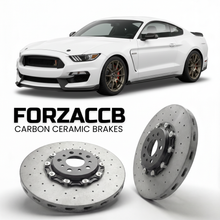 ForzaCCB direct OEM replacement carbon ceramic brake rotors for 2015 to 2020 Ford Shelby GT350 models, shown with a white Ford Shelby GT350 car.