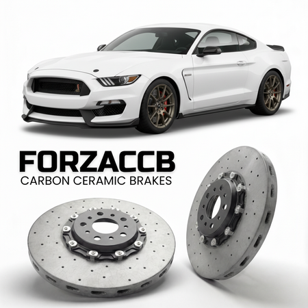 ForzaCCB direct OEM replacement carbon ceramic brake rotors for 2015 to 2020 Ford Shelby GT350 models, shown with a white Ford Shelby GT350 car.