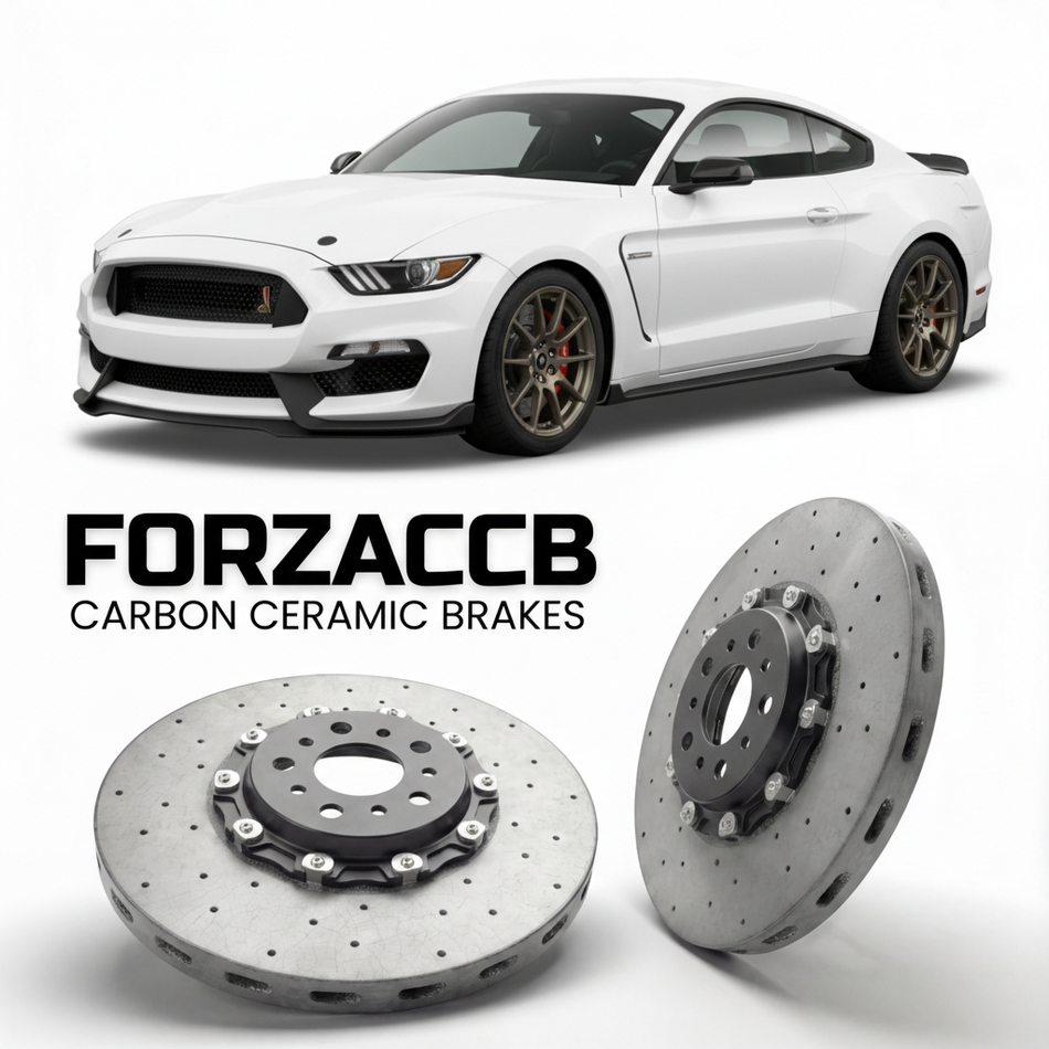 ForzaCCB direct OEM replacement carbon ceramic brake rotors for 2015 to 2020 Ford Shelby GT350 models, shown with a white Ford Shelby GT350 car.