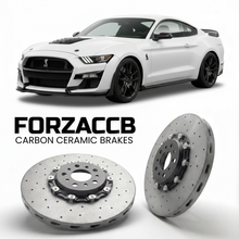 ForzaCCB direct OEM replacement carbon ceramic brake rotors for 2020 to 2022 Ford Shelby GT500 models, shown with a white Ford Shelby GT500 car.