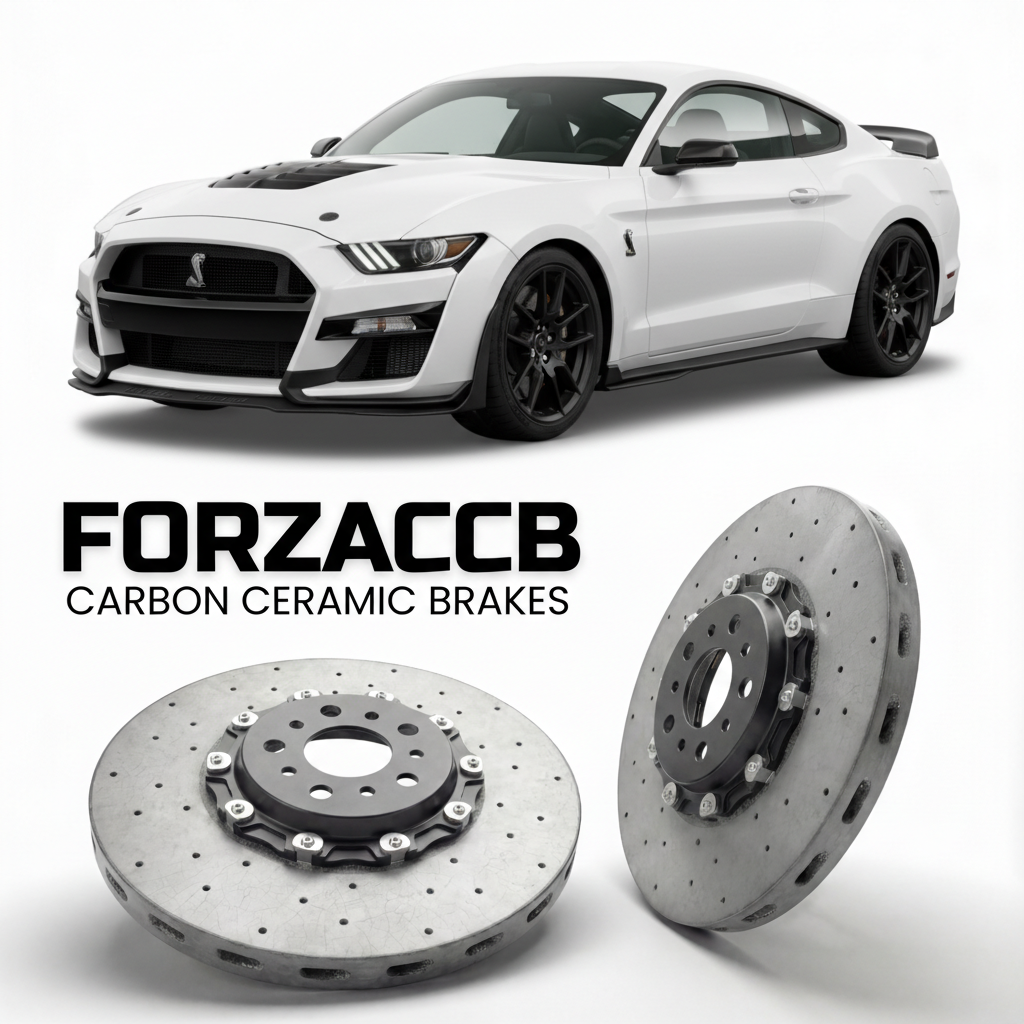ForzaCCB direct OEM replacement carbon ceramic brake rotors for 2020 to 2022 Ford Shelby GT500 models, shown with a white Ford Shelby GT500 car.