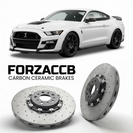 ForzaCCB direct OEM replacement carbon ceramic brake rotors for 2020 to 2022 Ford Shelby GT500 models, shown with a white Ford Shelby GT500 car.