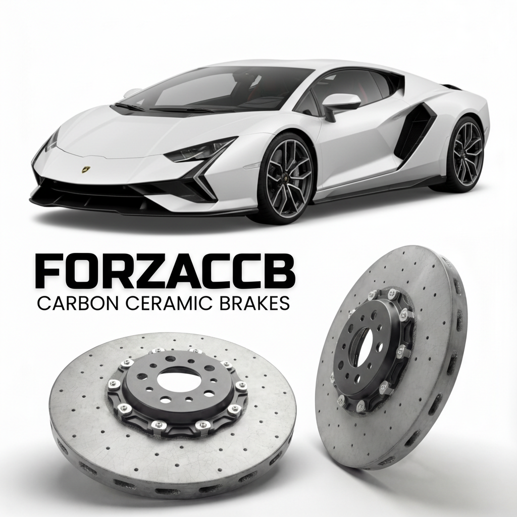 ForzaCCB direct OEM replacement carbon ceramic brake rotors for 2020 to 2021 Lamborghini Sian FKP 37 models, shown with a white Lamborghini Sian FKP 37 car.