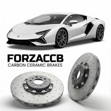 ForzaCCB direct OEM replacement carbon ceramic brake rotors for 2020 to 2021 Lamborghini Sian FKP 37 models, shown with a white Lamborghini Sian FKP 37 car.